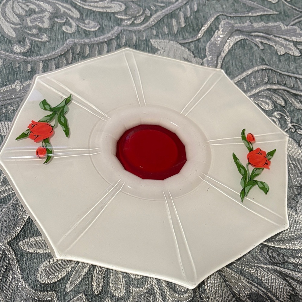 Vintage Art Deco 1930s White & Red Cake Plate / Stand - Short Base Tulips